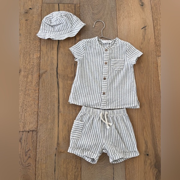 Mayoral 3 piece baby boy linen short set bucket hat striped neutral 12 months - Picture 1 of 12